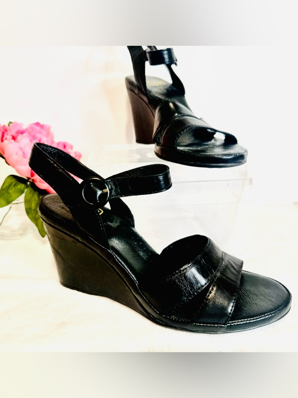 ONO Rare Black Supple Leather Wedge Sandals Slingback Comfort Cushioned Sole
